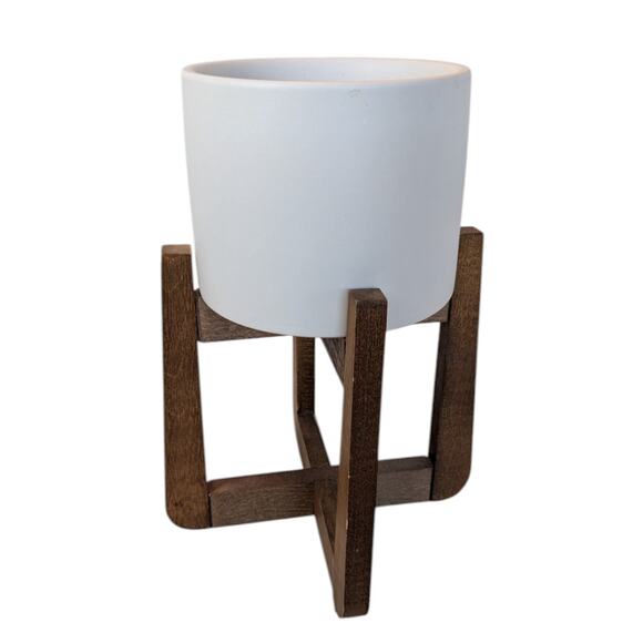 Free Standing Mid Century Style Wooden Plant Stand White Ceramic Round Pot - Picture 4 of 11